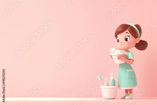 A cute cartoon girl in a uniform holding a bowl of bubbles, ready for cleaning or beauty treatment in a soft pink setting.