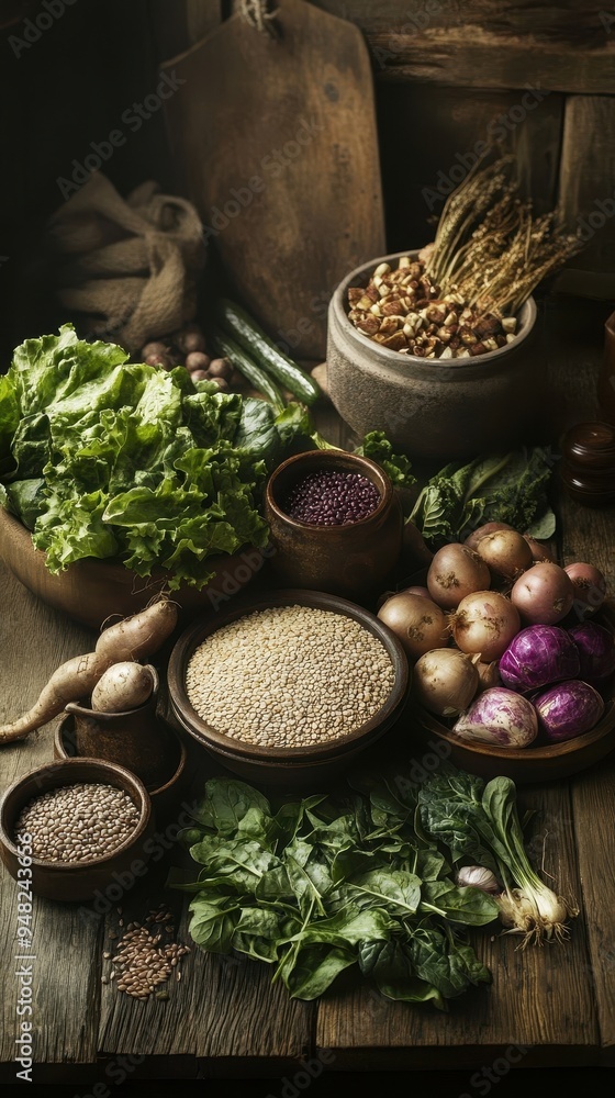 A variety of organic vegetables, grains, and herbs are arranged beautifully on a rustic wooden surface in warm lighting A variety of organic vegetables, grains, and herbs are arranged beautifully on a rustic wooden surface in warm lighting