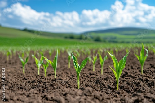 In a vast green field, young corn plants grow.