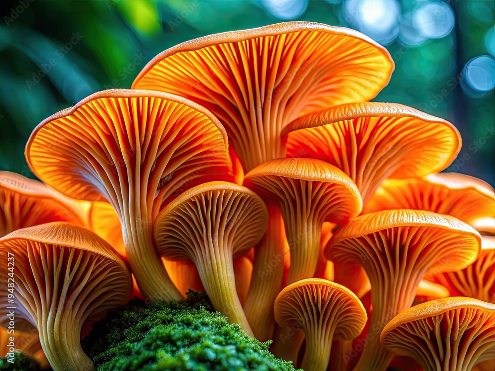 Vibrant orange Sajor-caju mushroom caps burst with intricate details against a rich green backdrop, showcasing the fascinating textures and patterns of this peculiar fungal species. Vibrant orange Sajor-caju mushroom caps burst with intricate details against a rich green backdrop, showcasing the fascinating textures and patterns of this peculiar fungal species.