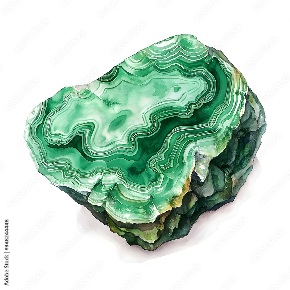 Green Malachite Stone with White Stripes Watercolor Illustration Green Malachite Stone with White Stripes Watercolor Illustration
