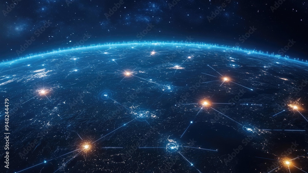 Fototapeta premium Glowing digital network connecting various points across the globe, representing the expansive reach of the internet and global communication.