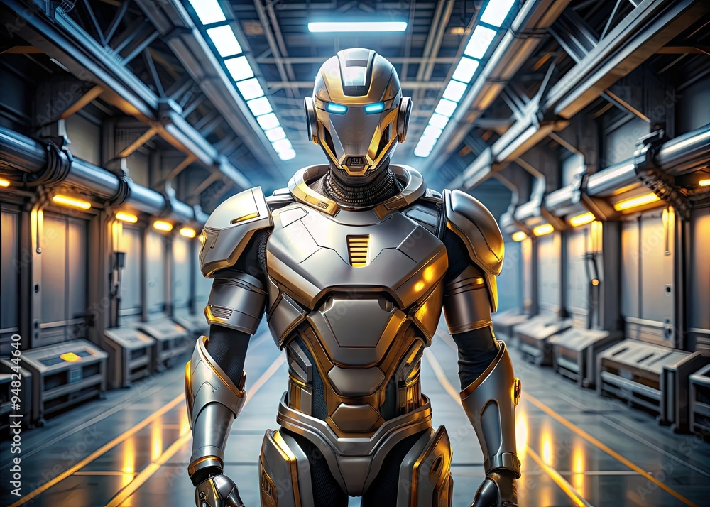 Sleek, futuristic war machine robot with metallic white, silver, and gold accents stands proudly in a high-tech spaceship factory and laboratory setting. Sleek, futuristic war machine robot with metallic white, silver, and gold accents stands proudly in a high-tech spaceship factory and laboratory setting.