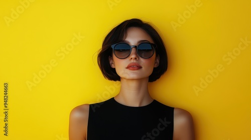 A fashionable woman with short hair and sunglasses, wearing a sleeveless black top, standing confidently against a yellow wall, capturing modern chic and attitude.