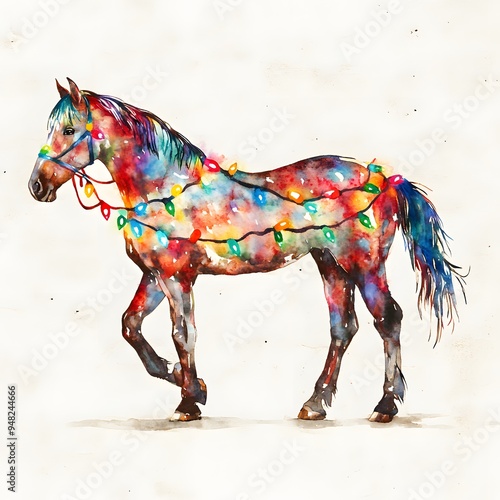 Watercolor Painting of Horse Decorated with Christmas Lights