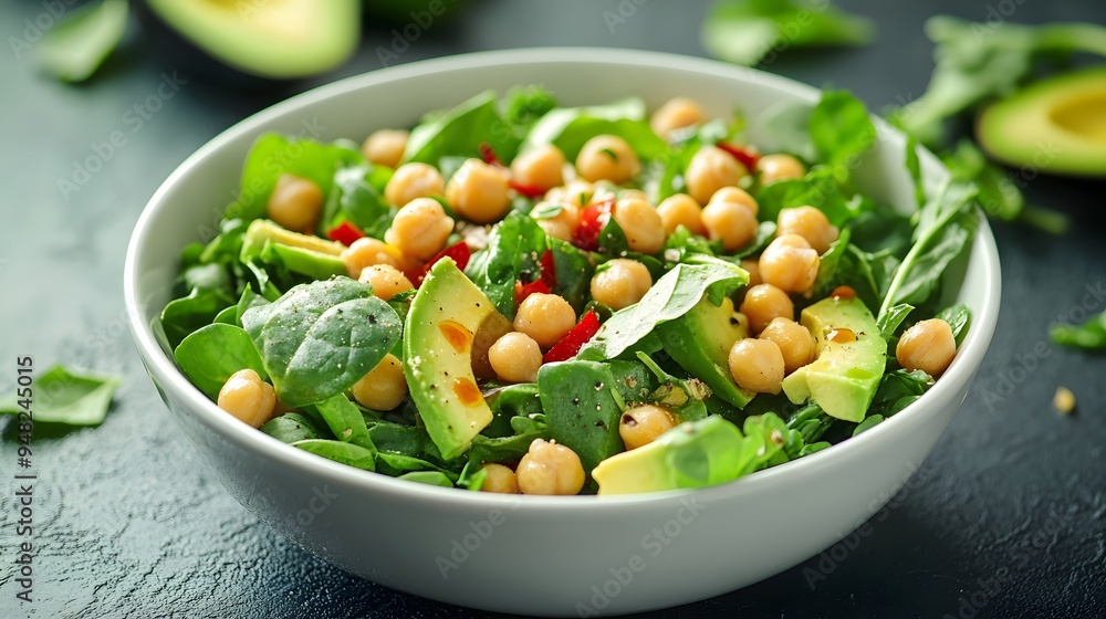 Fresh green salad in white ceramic bowl, avocado slices, chickpeas, mixed leafy greens, vibrant colors, crisp textures, healthy food photography, soft natural lighting. Fresh green salad in white ceramic bowl, avocado slices, chickpeas, mixed leafy greens, vibrant colors, crisp textures, healthy food photography, soft natural lighting.