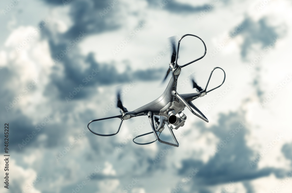 Modern drone with a camera flies in the sky.