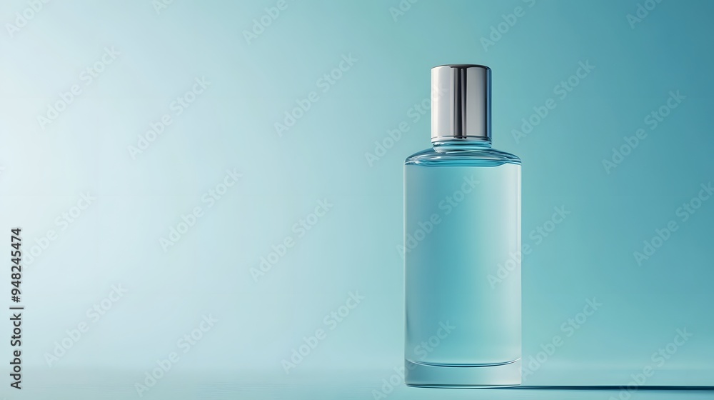 Frosted glass cosmetic bottle with silver cap, soft light blue color palette, minimalist product photography, gradient background, subtle reflections, clean and elegant design. Frosted glass cosmetic bottle with silver cap, soft light blue color palette, minimalist product photography, gradient background, subtle reflections, clean and elegant design.