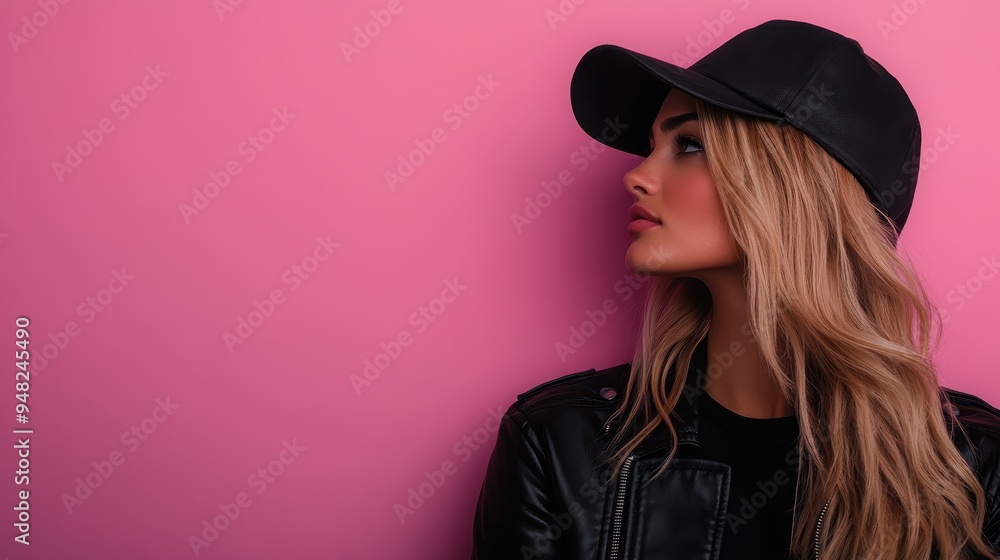 A fashionable woman wearing a black leather jacket and cap looks pensively to the side against a pink background, showcasing modern urban street style. A fashionable woman wearing a black leather jacket and cap looks pensively to the side against a pink background, showcasing modern urban street style.