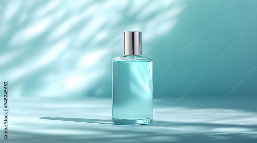 Frosted glass cosmetic bottle with silver cap, soft light blue color palette, minimalist product photography, gradient background, subtle reflections, clean and elegant design. Frosted glass cosmetic bottle with silver cap, soft light blue color palette, minimalist product photography, gradient background, subtle reflections, clean and elegant design.