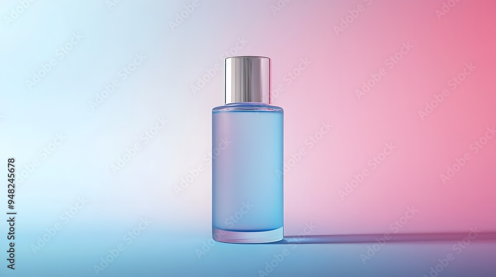 Frosted glass cosmetic bottle with silver cap, soft light blue color palette, minimalist product photography, gradient background, subtle reflections, clean and elegant design. Frosted glass cosmetic bottle with silver cap, soft light blue color palette, minimalist product photography, gradient background, subtle reflections, clean and elegant design.