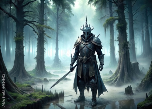 Ominous warrior enveloped in eerie mist, clad in dark armor, exudes mystical power, surrounded by twisted cypress trees and mysterious fog in a mystical realm. photo