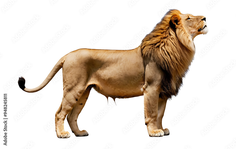 Fototapeta premium A majestic adult male lion in profile, showcasing its powerful build, flowing mane, and regal bearing. Isolated on white, perfect for wildlife documentaries, educational materials, or designs emphasiz