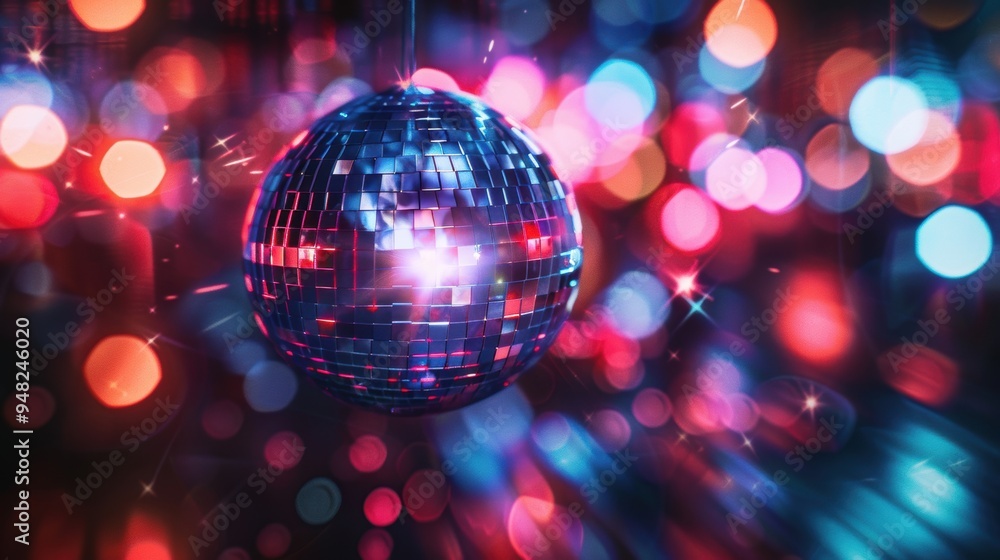A glittering disco ball illuminated by vibrant, colorful lights, capturing the lively and energetic atmosphere of a party. A glittering disco ball illuminated by vibrant, colorful lights, capturing the lively and energetic atmosphere of a party.