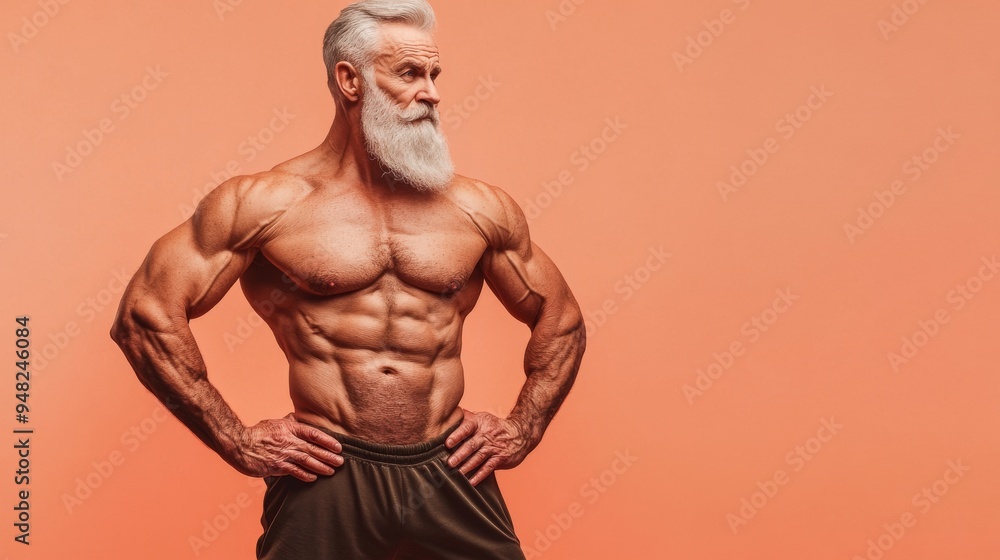 Defined Six-Pack Abs of Senior Man illuminated by Soft Light on Peach Background Defined Six-Pack Abs of Senior Man illuminated by Soft Light on Peach Background