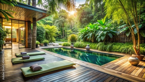 Serenene outdoor wellness retreat surrounded by lush greenery, featuring a meditation area, yoga mats, and calming water features for ultimate relaxation and rejuvenation. photo