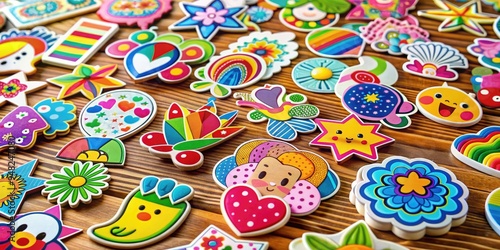 Colorful assortment of stickers in various shapes and sizes scattered across a wooden table, featuring bright hues and playful designs.