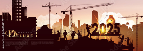 Large construction site, many construction cranes set numbers 2025. Black silhouette staff works as a to prepare to welcome the new year. Construction team sets numbers for New Year 2025. Vector.