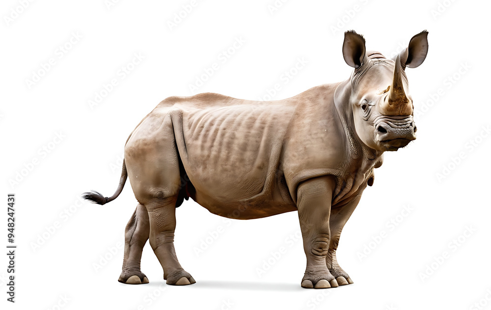 Fototapeta premium A powerful White Rhinoceros stands alert against a white background, its two horns and thick skin clearly visible. Perfect for wildlife documentaries, educational resources, or projects focused on con
