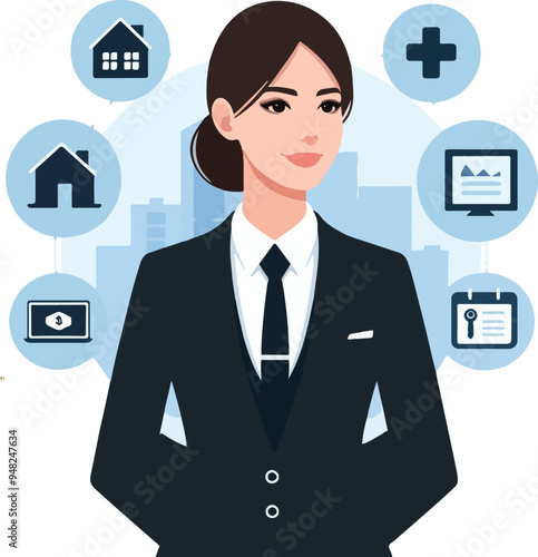 Real Estate Agent Girl With Wearing Black Suit Vector Illustration photo