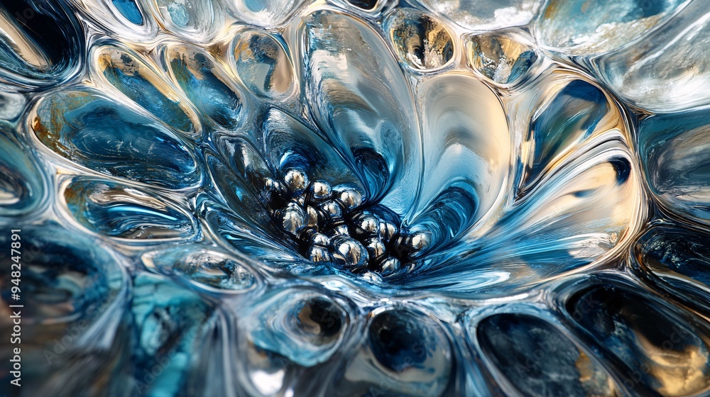 Abstract Blue and Gold Swirls with Metallic Balls Abstract Blue and Gold Swirls with Metallic Balls