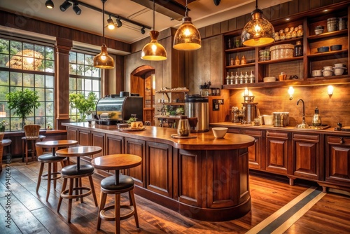 Cozy vintage-inspired cafe interior features warm wooden tones, classic round corner counter, and antique-like coffee machinery, evoking a sense of relaxed sophistication.