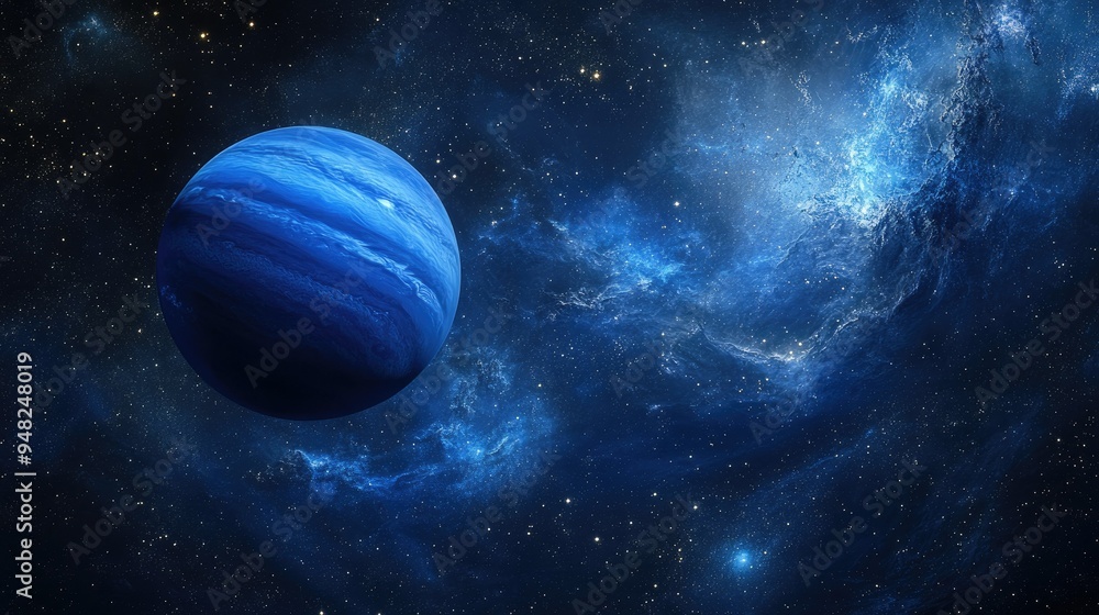 Dramatic view of Neptune amidst a cosmic galaxy, showcasing its deep blue hues against a backdrop of swirling stars and nebulae in the universe. Dramatic view of Neptune amidst a cosmic galaxy, showcasing its deep blue hues against a backdrop of swirling stars and nebulae in the universe.