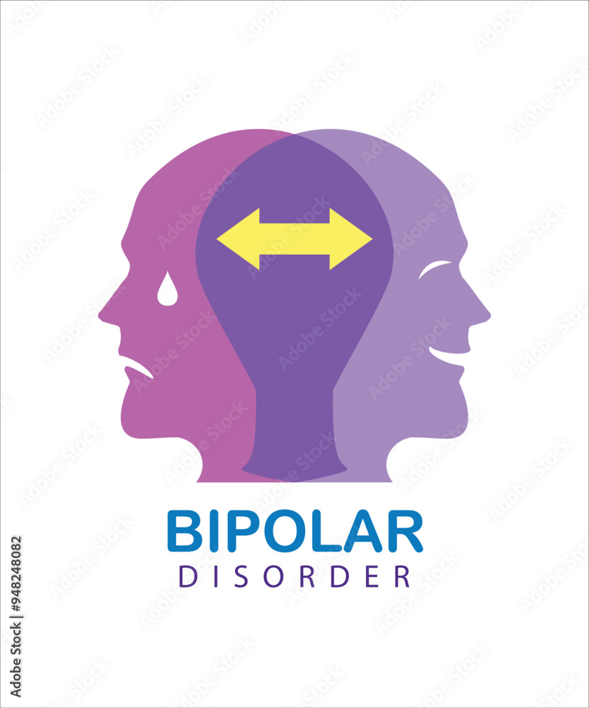 Person with Bipolar Disorder. Simple flat icon of a bipolar disorder person. Vector illustration of a two head showing 2 different moods, manic and depressive Person with Bipolar Disorder. Simple flat icon of a bipolar disorder person. Vector illustration of a two head showing 2 different moods, manic and depressive
