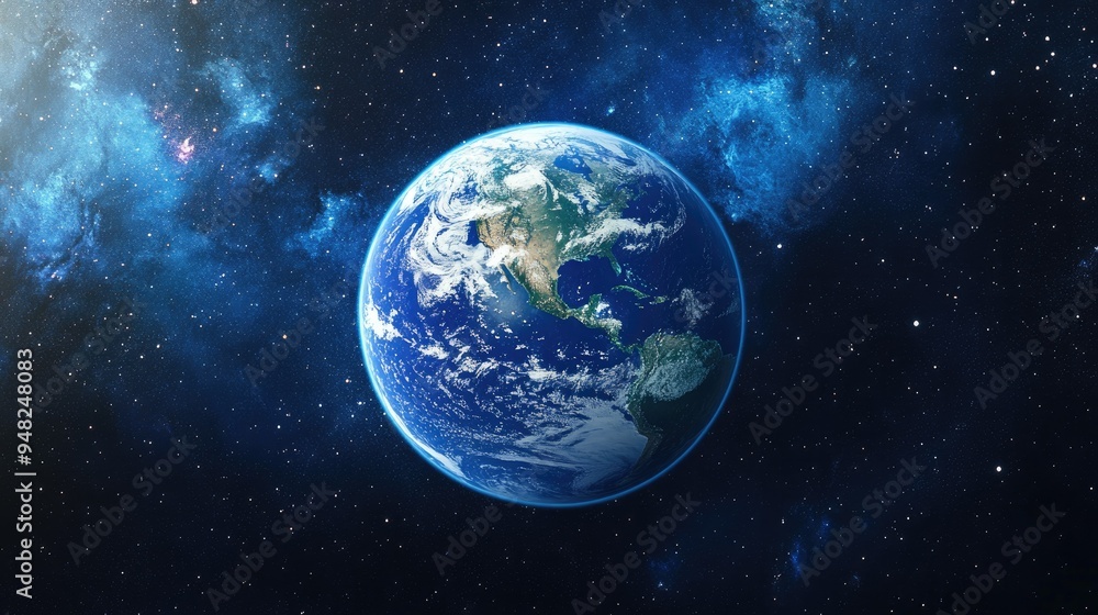 Earth viewed from space, floating against the backdrop of a vast starry universe, showcasing its vibrant blue oceans and swirling white clouds. Earth viewed from space, floating against the backdrop of a vast starry universe, showcasing its vibrant blue oceans and swirling white clouds.