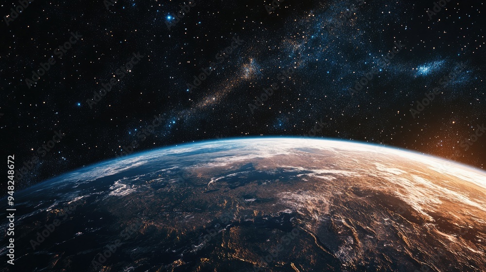 Obraz premium Satellite image of Earth in space, showcasing the planet diverse landscapes and atmospheric layers against the backdrop of a star-filled cosmos.