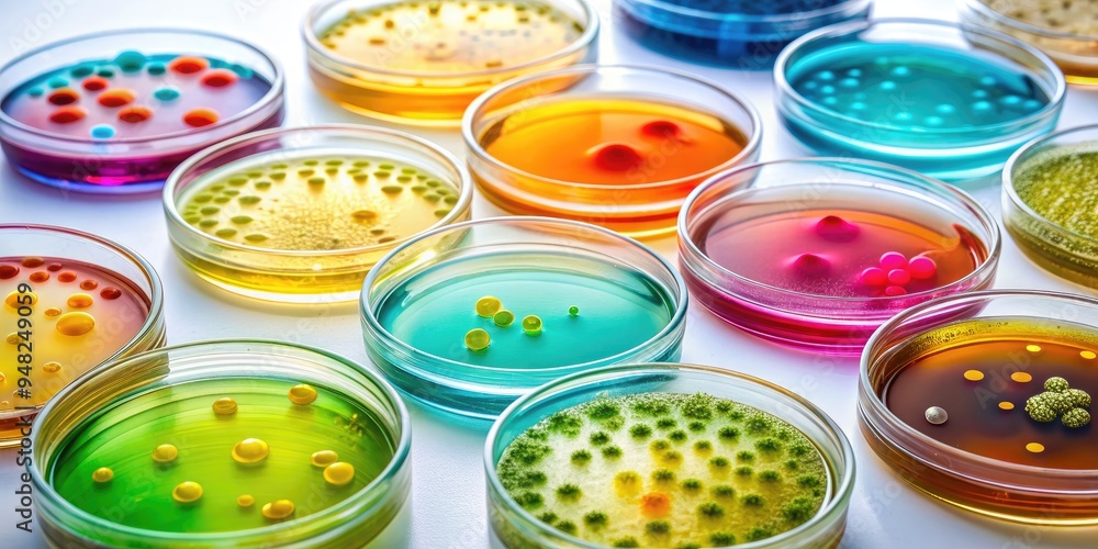 Macro view of petri dishes with vibrant, swirly bacterial colonies on agar gel, set against a clean white background, evoking a sense of scientific discovery. Macro view of petri dishes with vibrant, swirly bacterial colonies on agar gel, set against a clean white background, evoking a sense of scientific discovery.