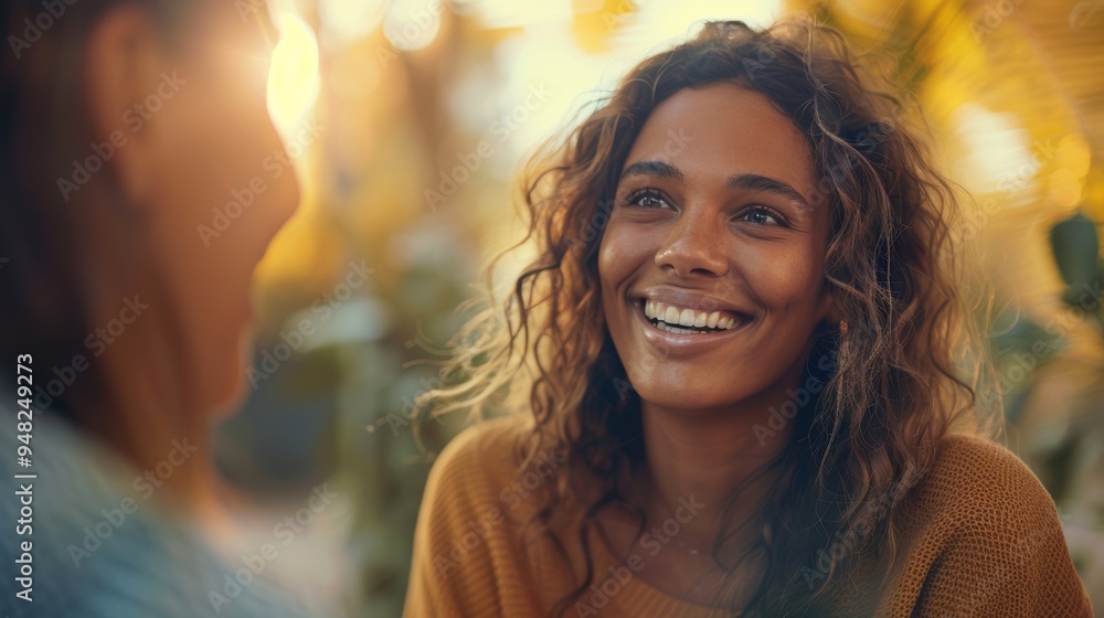A cheerful woman with curly hair smiling brightly, captured in warm evening light with a soft background blur. A cheerful woman with curly hair smiling brightly, captured in warm evening light with a soft background blur.