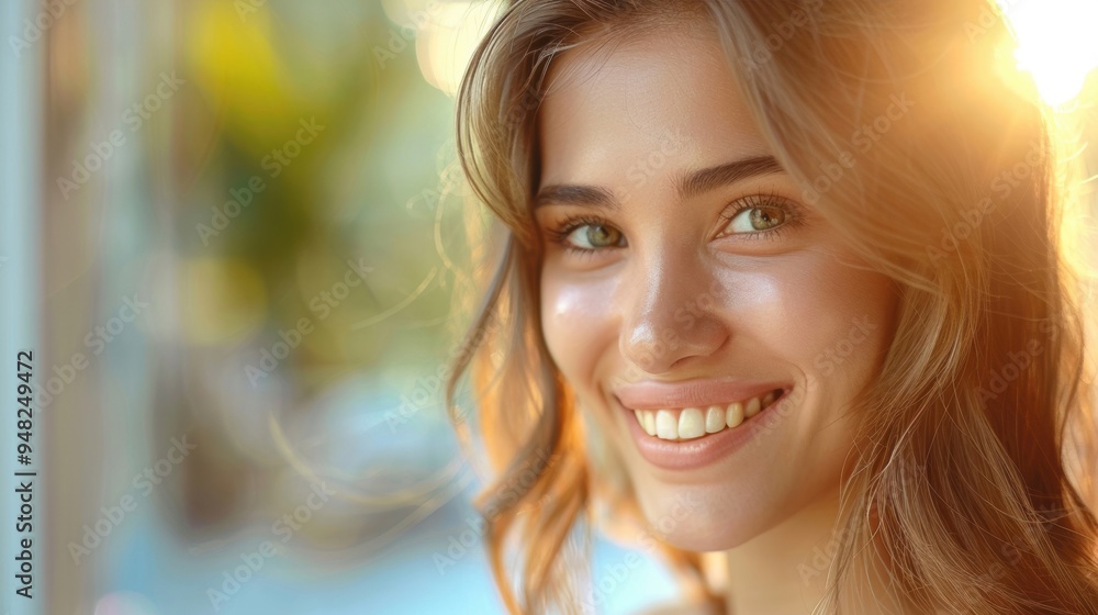 A radiant young woman with a bright smile, captured in soft, warm sunlight, highlighting her natural beauty. A radiant young woman with a bright smile, captured in soft, warm sunlight, highlighting her natural beauty.