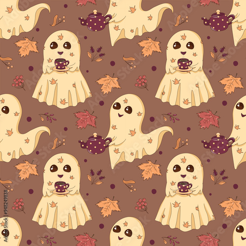 Cute autumn ghost seamless pattern with pie, cupcake and cozy fall treats