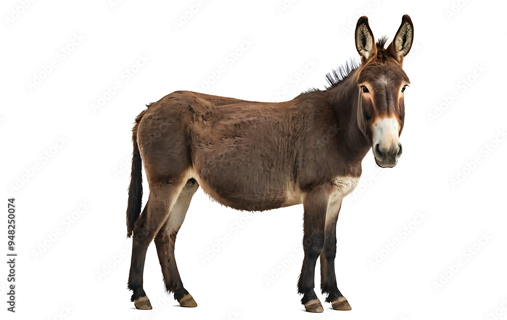 A brown donkey standing patiently against a white background. Ideal for educational materials, agricultural publications, or illustrating concepts like hard work and resilience. A brown donkey standing patiently against a white background. Ideal for educational materials, agricultural publications, or illustrating concepts like hard work and resilience.