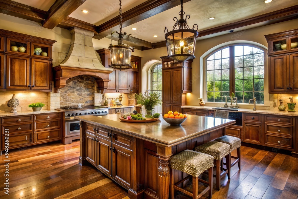 Elegant French-inspired kitchen boasts rich wooden cabinetry, rustic stone countertops, and ornate hardware, evoking classic sophistication and timeless charm in a warm, inviting atmosphere. Elegant French-inspired kitchen boasts rich wooden cabinetry, rustic stone countertops, and ornate hardware, evoking classic sophistication and timeless charm in a warm, inviting atmosphere.