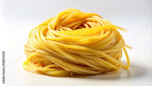 Freshly cooked spaghetti twirls enticingly on a pristine white background, its vibrant yellow hue and delicate texture enticing the viewer to take a bite.