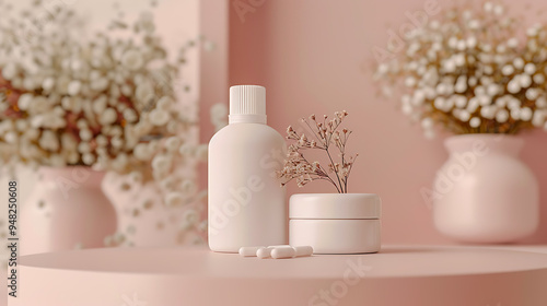 White bottles and jars of skincare products arranged on a pink platform with white flowers and sprigs of dried flowers.