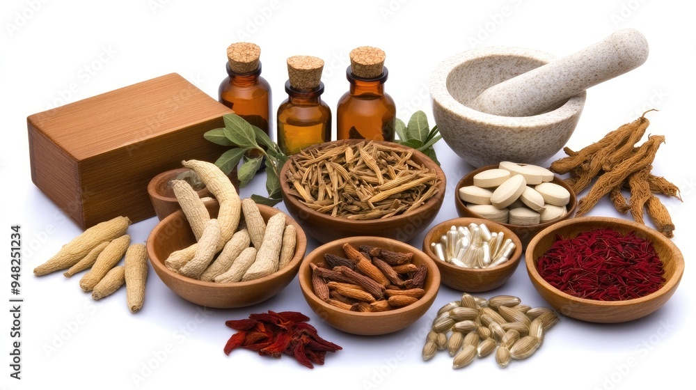 Dragon fruit, ginseng, and reishi mushroom are displayed in wooden bowls alongside amber oil bottles, herbal supplements, and shredded tree bark in a traditional setting Dragon fruit, ginseng, and reishi mushroom are displayed in wooden bowls alongside amber oil bottles, herbal supplements, and shredded tree bark in a traditional setting
