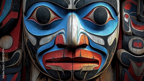 Close-up of a traditional Haida totem pole featuring an intricately painted face with vibrant blue and red colors. The high-resolution digital art emphasizes the detailed depiction of the eyes and mou
