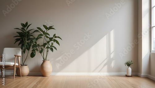 A minimalist room with a wooden floor, a white wall, and a vase with a plant on a wooden side table.