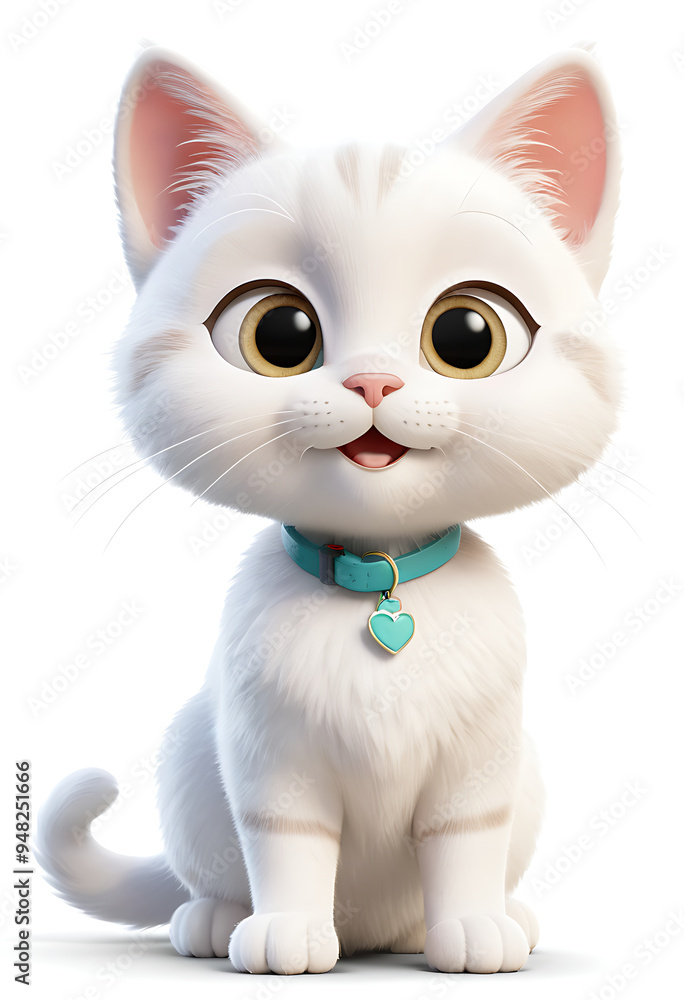 An adorable white cartoon kitten with big, blue eyes and a cute heart-shaped collar. Isolated on white, perfect for children's books, animations, or pet-related designs. An adorable white cartoon kitten with big, blue eyes and a cute heart-shaped collar. Isolated on white, perfect for children's books, animations, or pet-related designs.