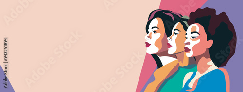  International Women's Day. Women of different cultures and nationalities stand side by side. Movements for gender equality and women's empowerment. Vector illustration for advertising, website