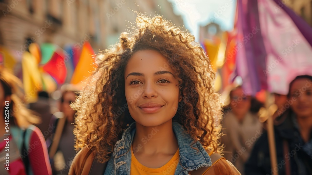 A Young Woman with Curly Hair Smiling in a Crowd A Young Woman with Curly Hair Smiling in a Crowd
