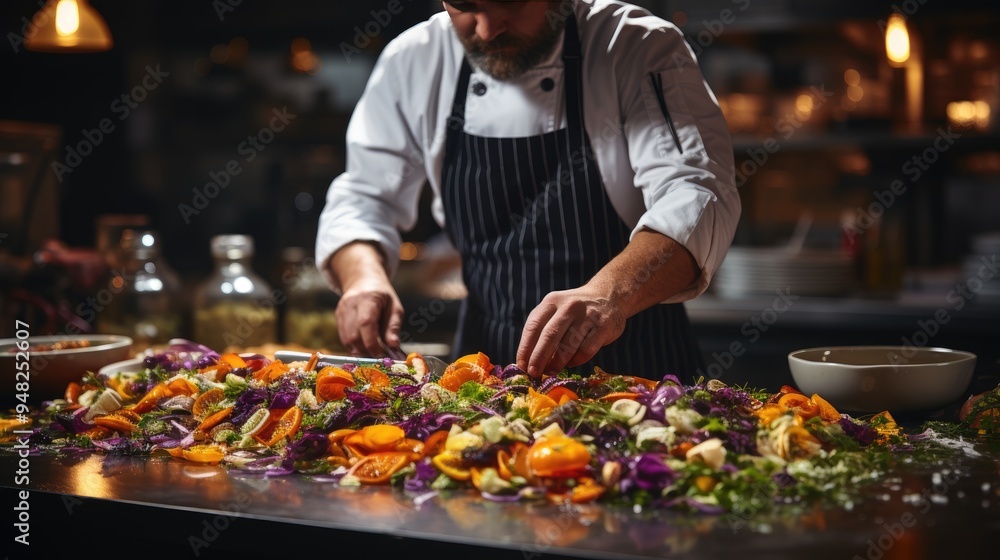 chef hand cooking meat salad with vegetables on restaurant kitchen. chef hand cooking meat salad with vegetables on restaurant kitchen.