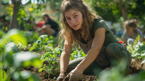 Young Woman Planting a Seedling in a Garden