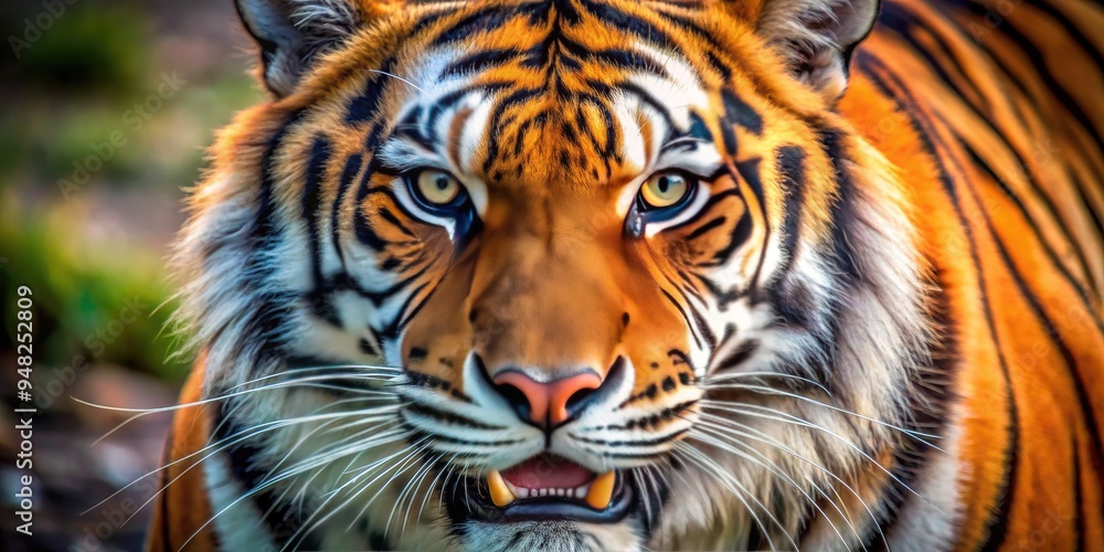 Obraz premium Fierce orange and black stripes fill the frame as the tiger's whiskered face, piercing golden eyes, and sharp teeth evoke a sense of raw power.