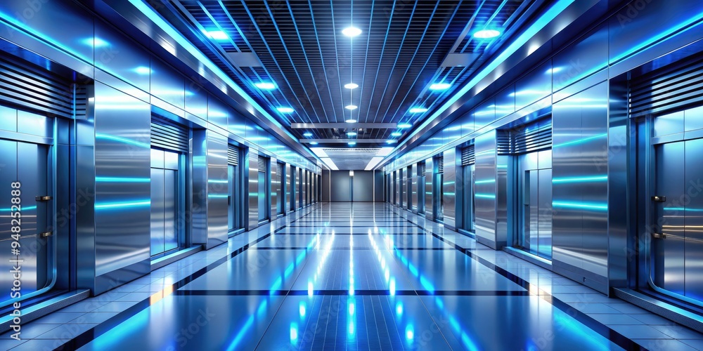 Sleek, modern corridor with radiant blue LED lights, polished metal surfaces, and futuristic architecture, evoking a sense of high-tech innovation and advanced technology. Sleek, modern corridor with radiant blue LED lights, polished metal surfaces, and futuristic architecture, evoking a sense of high-tech innovation and advanced technology.