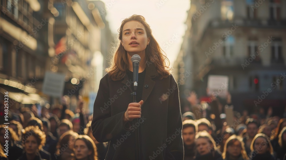Woman Speaking into Microphone at a Protest Woman Speaking into Microphone at a Protest