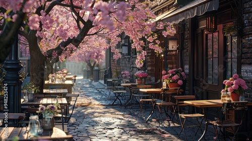 Fototapeta Naklejka Na Ścianę i Meble -  A Parisian Cafe Underneath a Blooming Cherry Tree